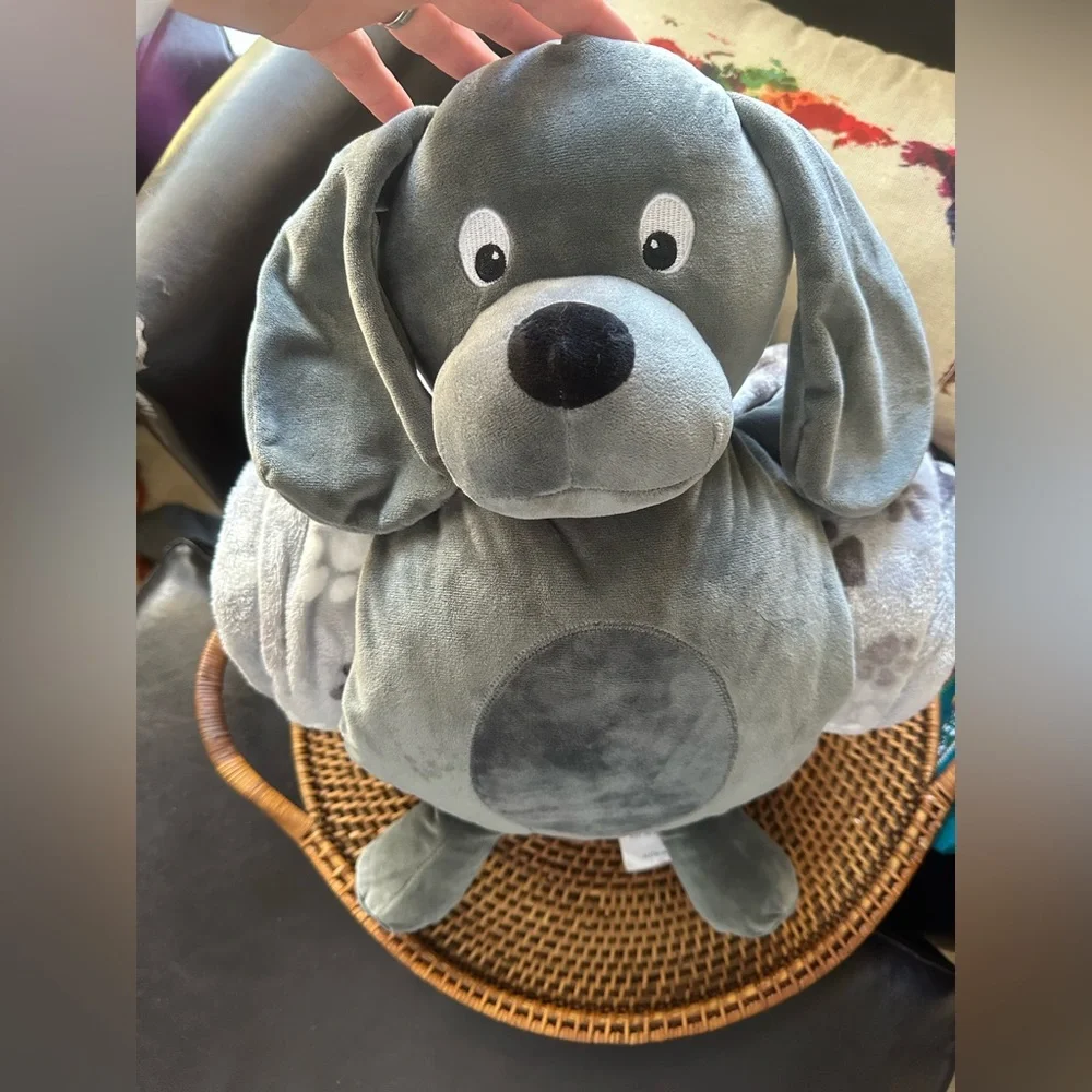 Warm + Cozy Gray Plush Dog Huggable Friend Blanket Set New